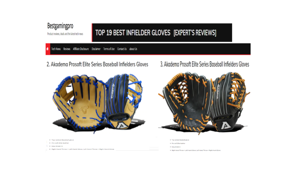 AKADEMA PLACES TWO BASEBALL GLOVES IN THE TOP FIVE OF “TOP 19 BEST INFIELDER GLOVES”